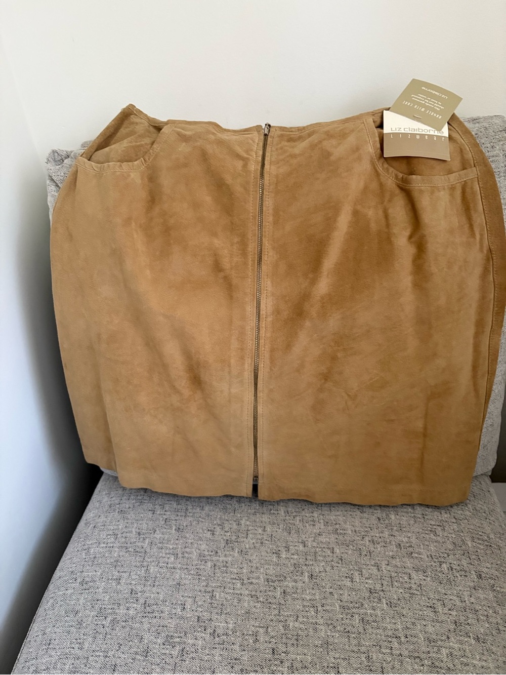 Liz Claiborne Camel Suede Front-Zip Mini Skirt
